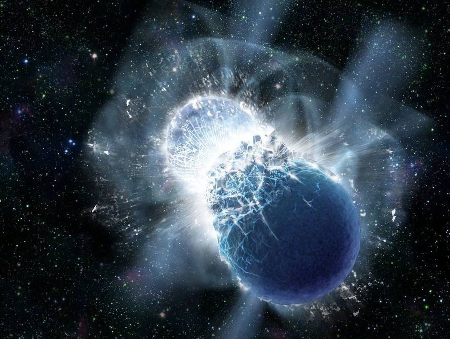 Impresión artística de una kilonova, dos estrellas de neutrones en el momento de su fusión